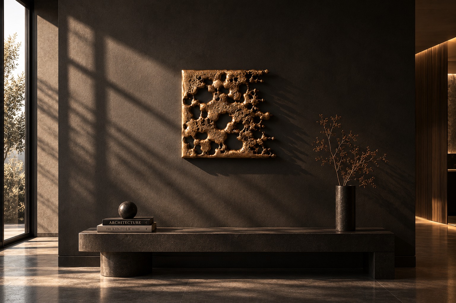 Organica sculpture on a dark wall